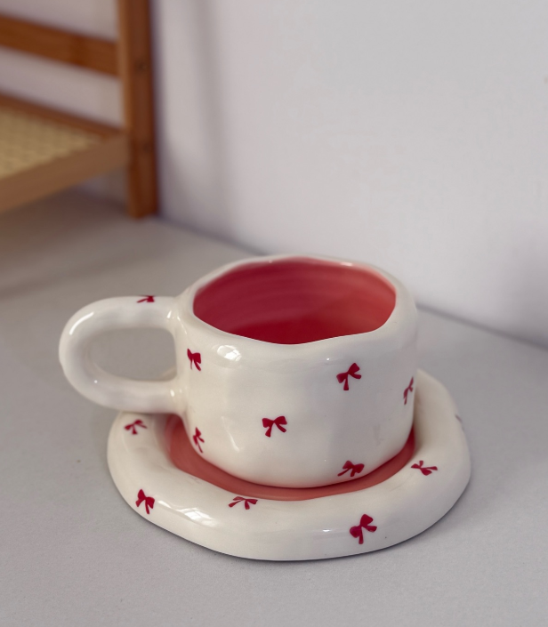 Ceramic Coffee Cup & Saucer – Red Bow Design