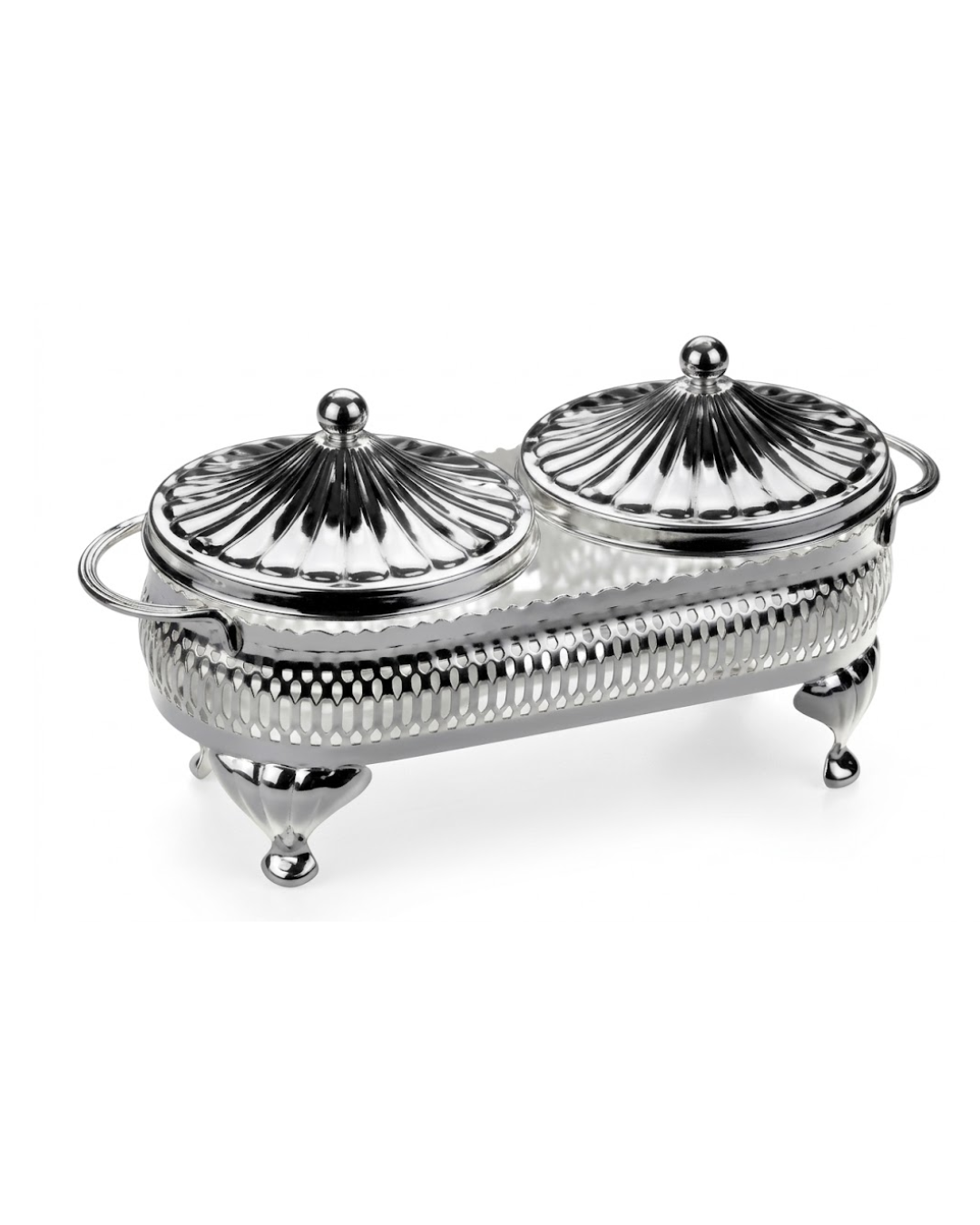 Double Round Appetizer Serving Dish – Silver Plated with 2 Covers & Glass Bowls
