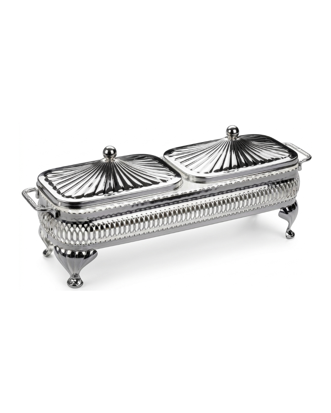 Double Rectangular Appetizer Serving Dish – Silver Plated with 2 Covers & Glass Bowls