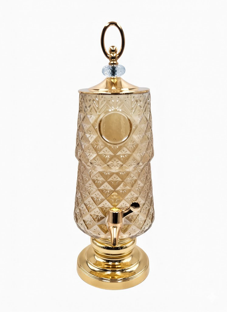 Golden Glass Drinks Dispenser with Circular Stand & Stainless Steel Tap