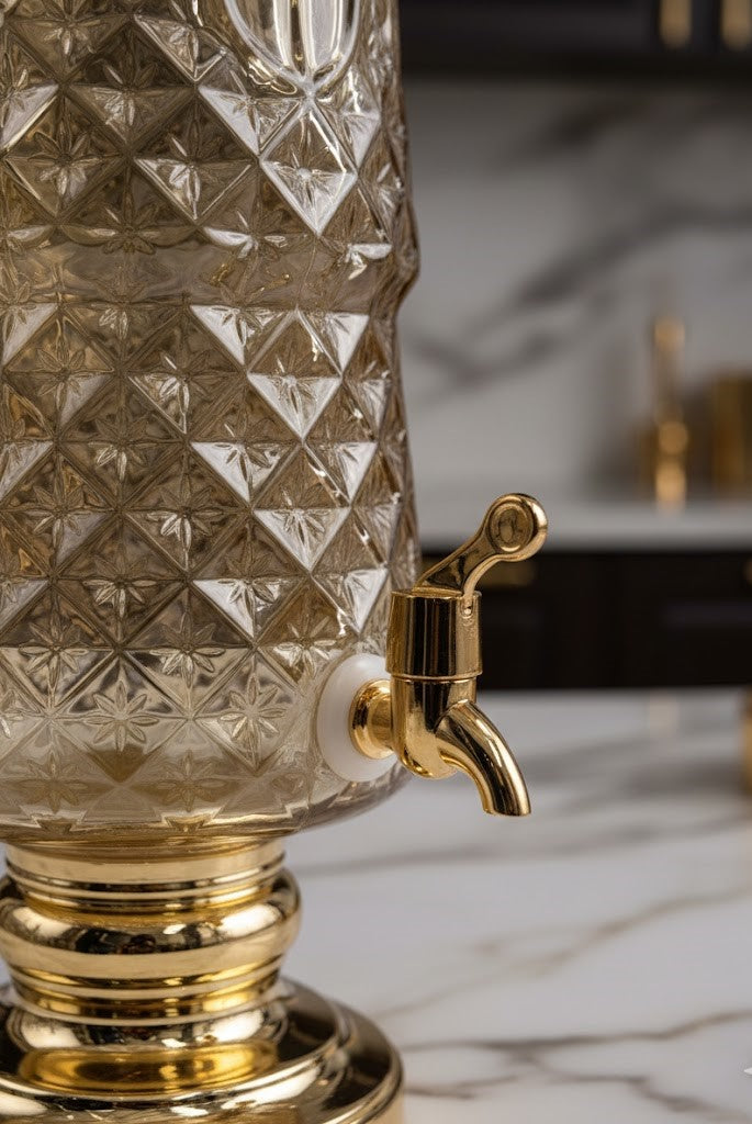 Golden Glass Drinks Dispenser with Circular Stand & Stainless Steel Tap