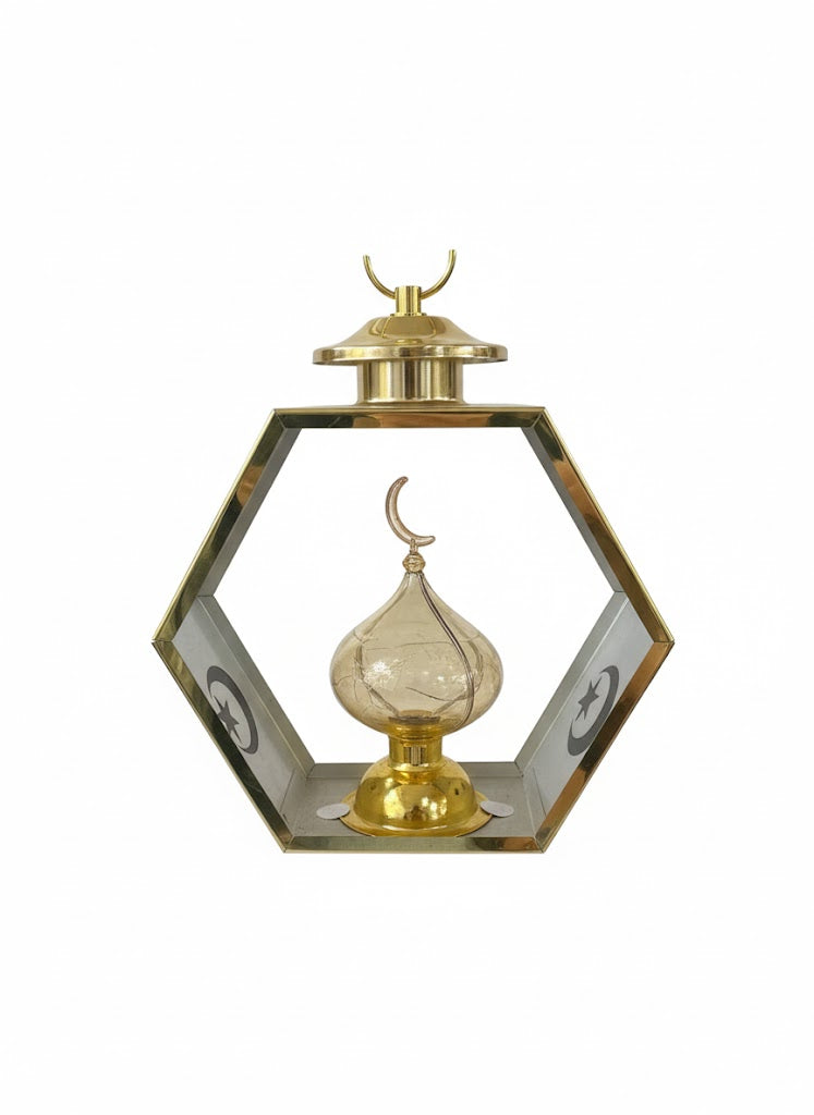 Modern Hexagon Golden Ramadan Lantern with LED
