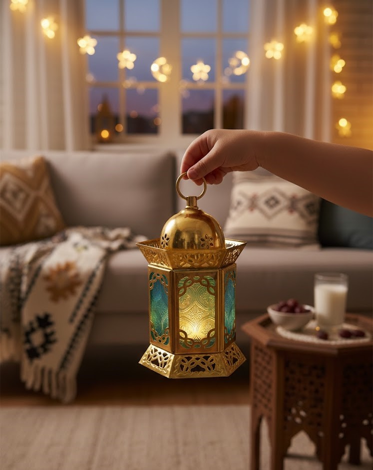 Gold Mosque Lantern with Double Crowns, Door & Star Dome
